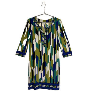 London Times Art Deco Style Blue Green 3/4 Sleeve Dress - Size 12